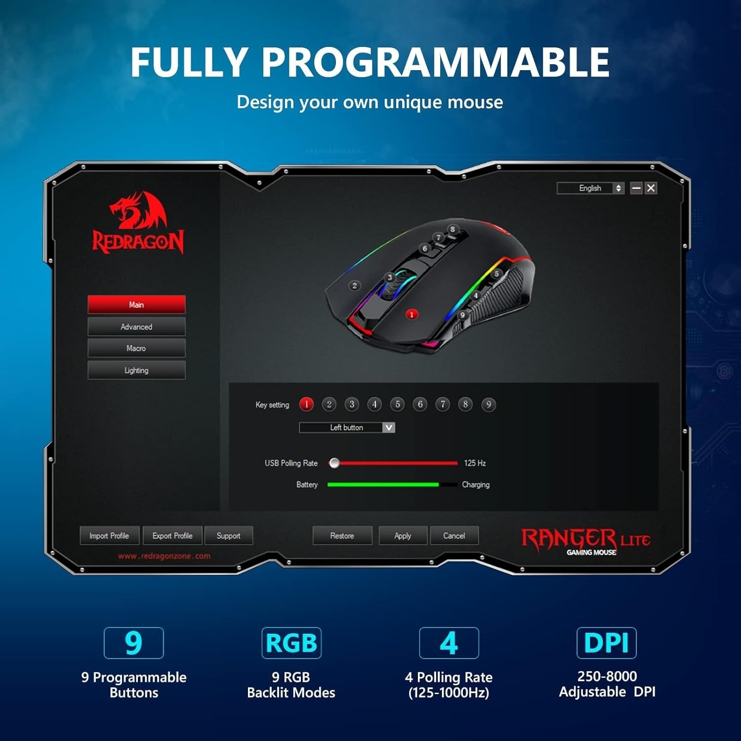 Wireless Gaming Mouse 8000 DPI RGB 9 Button Rechargeable
