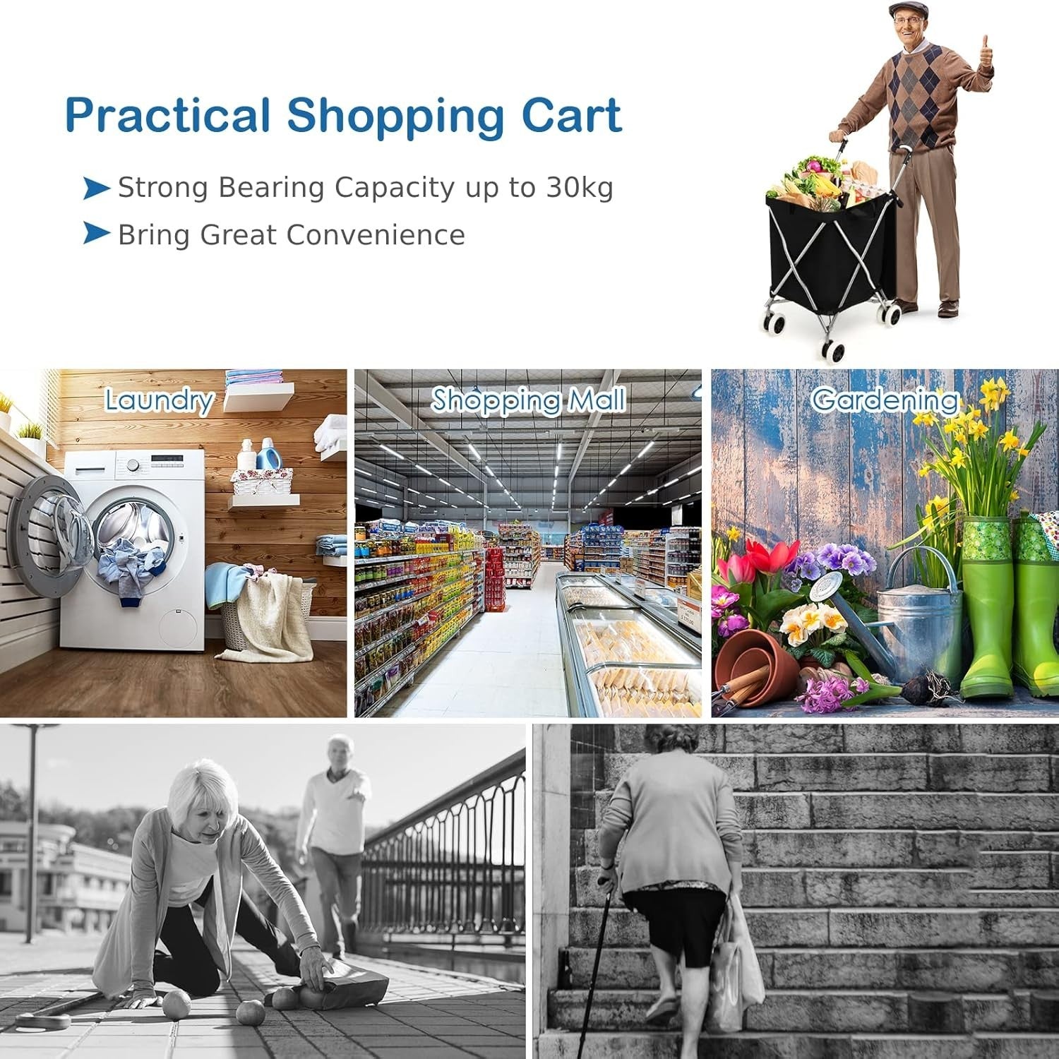 90L Folding Shopping Trolley 8 Wheels Large Push Cart Waterproof Bag
