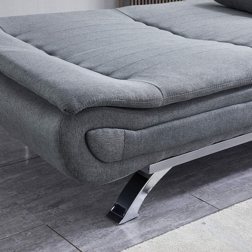 Luxury 3 Seater Sofa Bed Grey Linen Futon Couch w/ Pillows & Chrome Legs