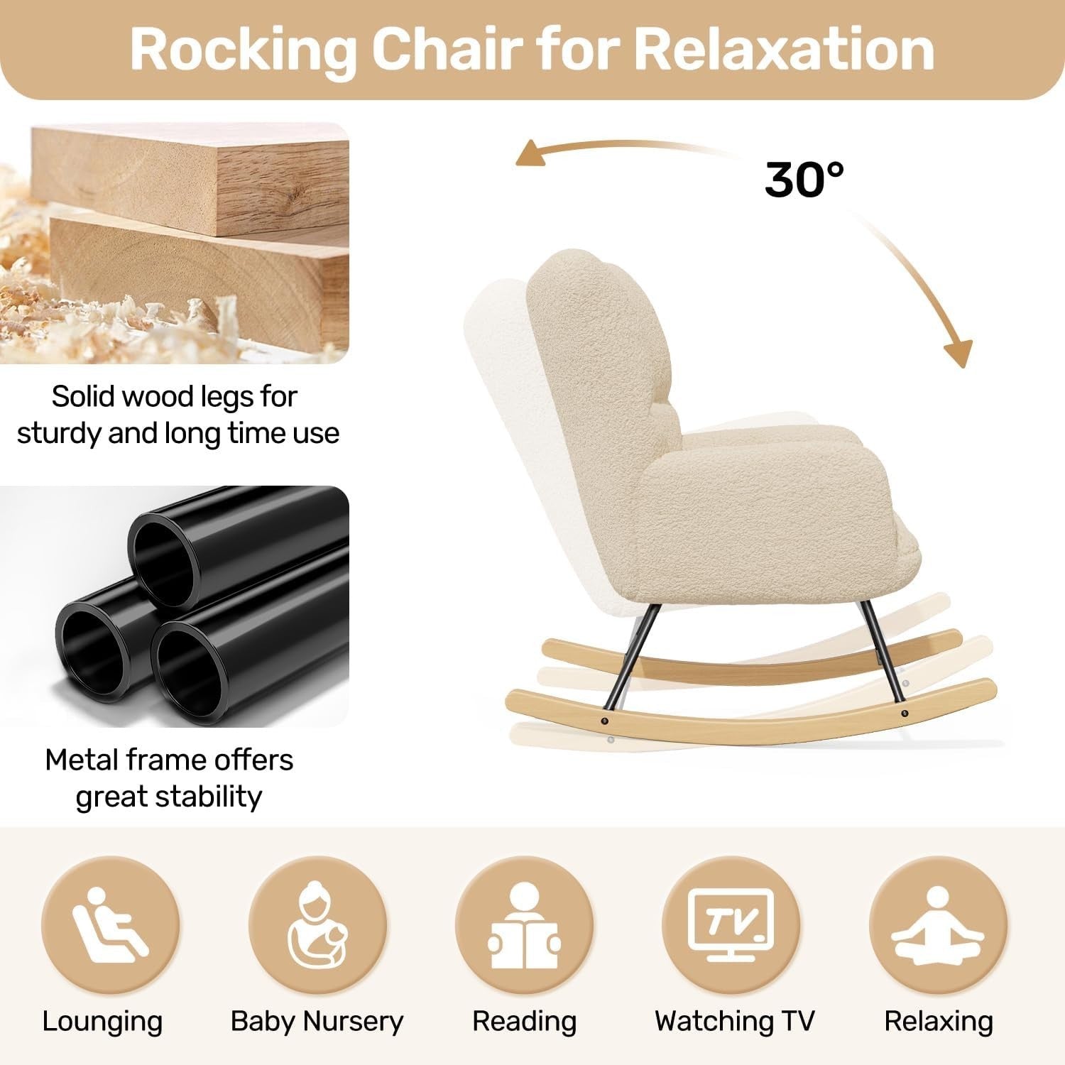 Cozy Lambswool Rocking Chair High Back Armrest Memory Foam Living Room Seat