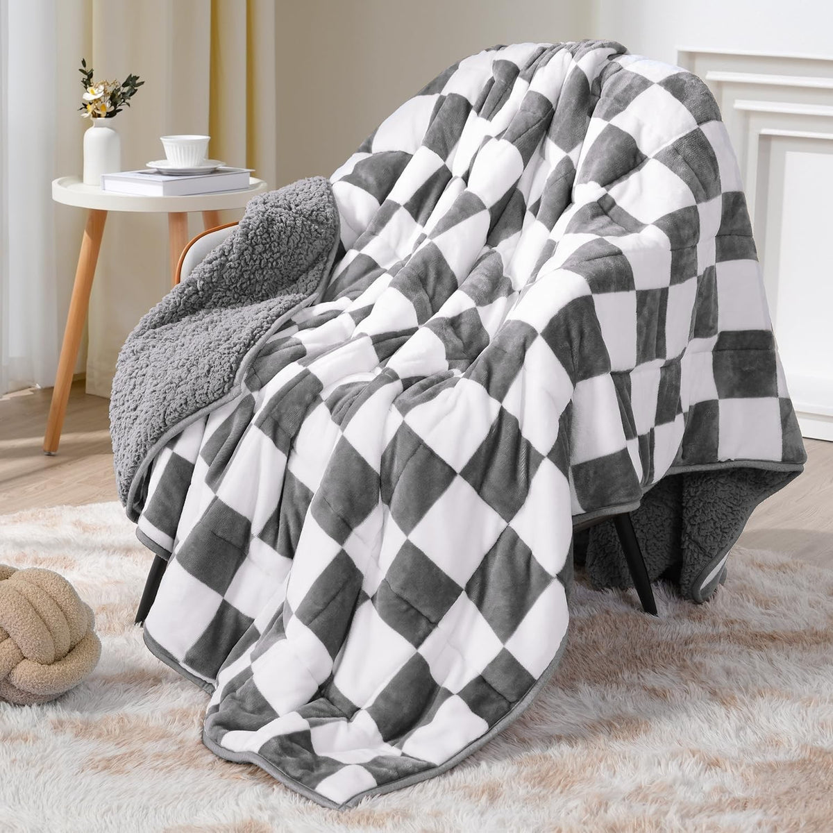 15lb Weighted Blanket 48x72 Sherpa Flannel Soft Warm Calming Plaid Grey