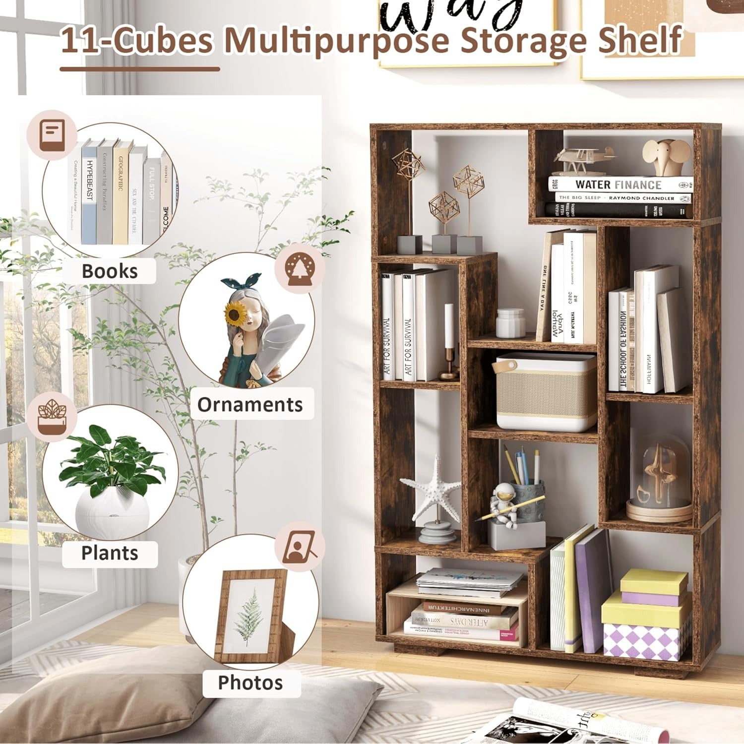 11-Cube Geometric Bookcase Rustic Brown | Modern Freestanding Display Storage
