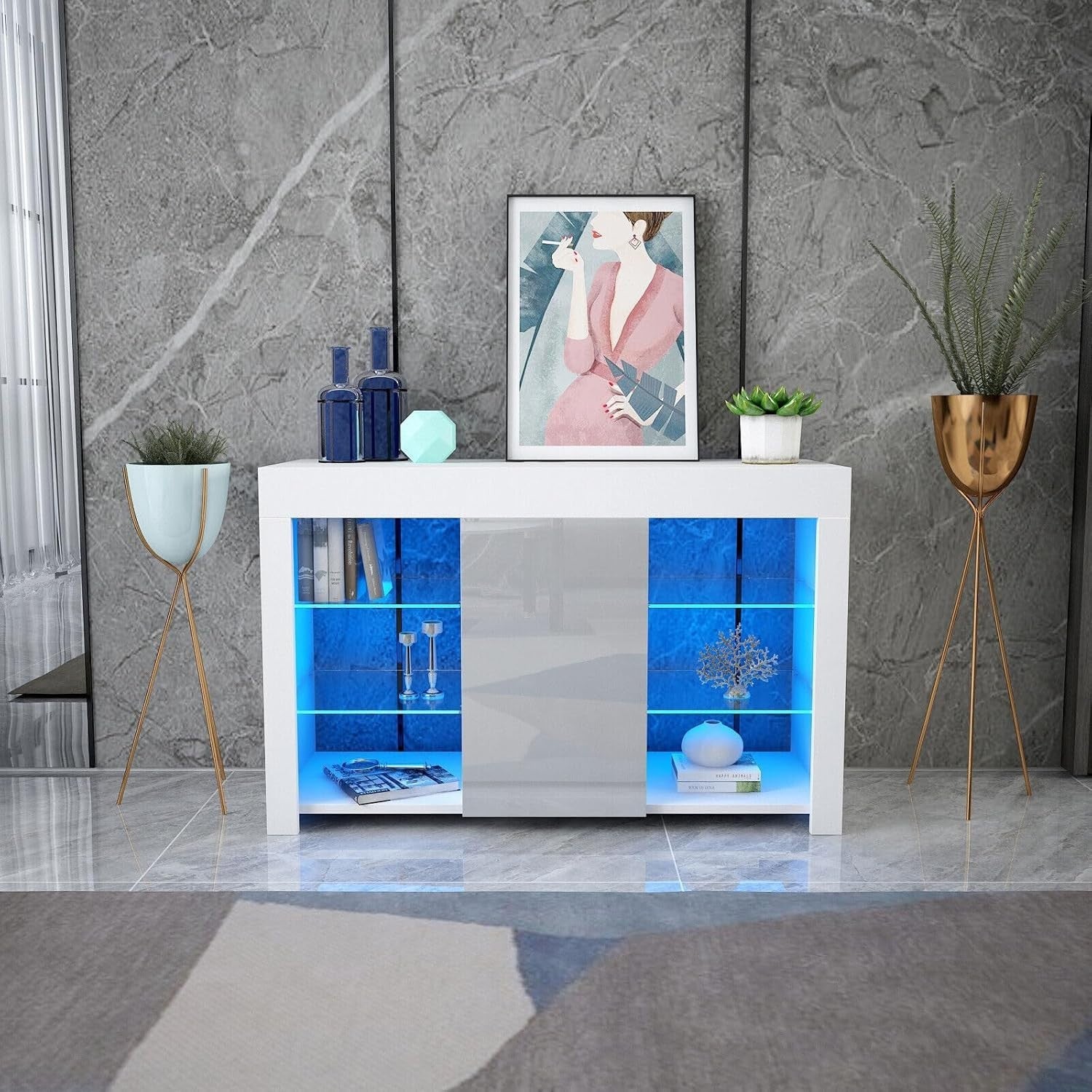 White Gloss Sideboard with Grey Glass Doors & LED Lights | Modern Storage Unit