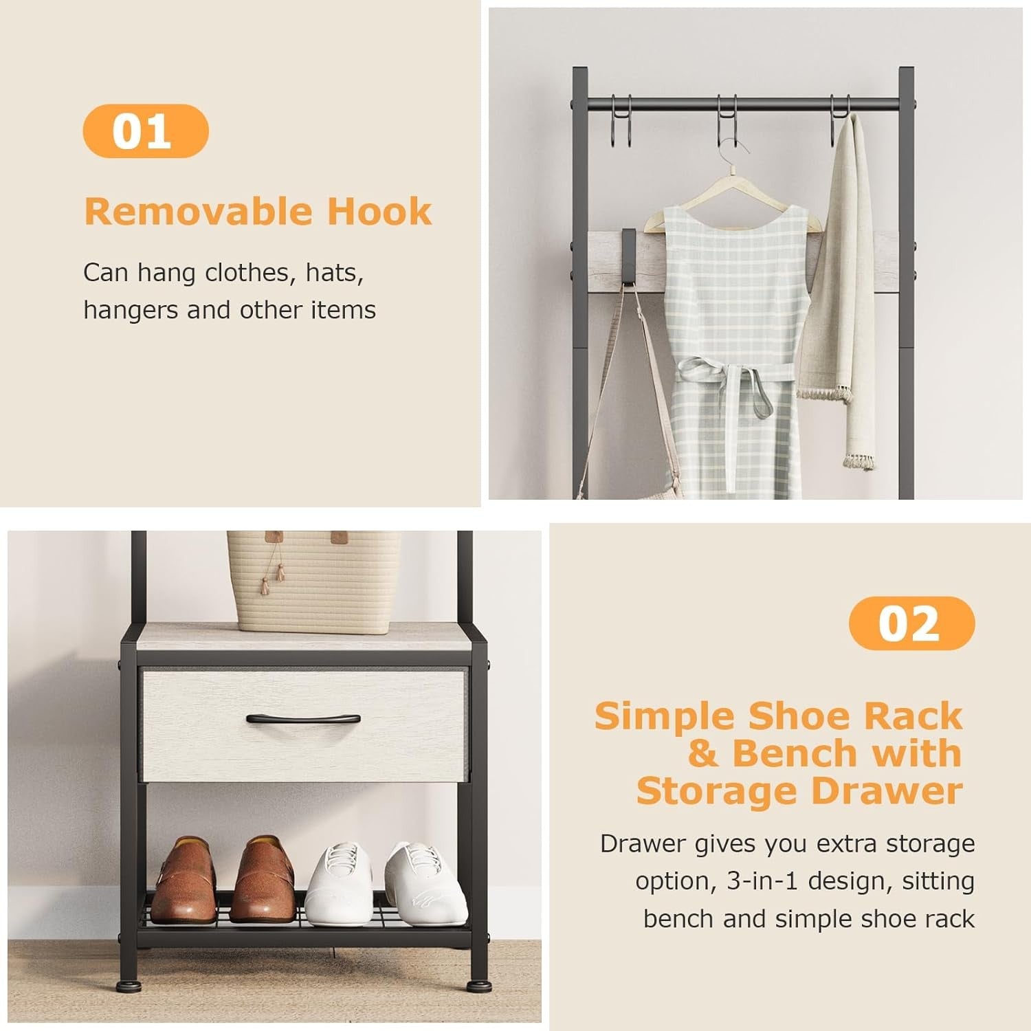 Narrow Coat Rack with Drawer & Shoe Bench | Greige Industrial Hall Stand