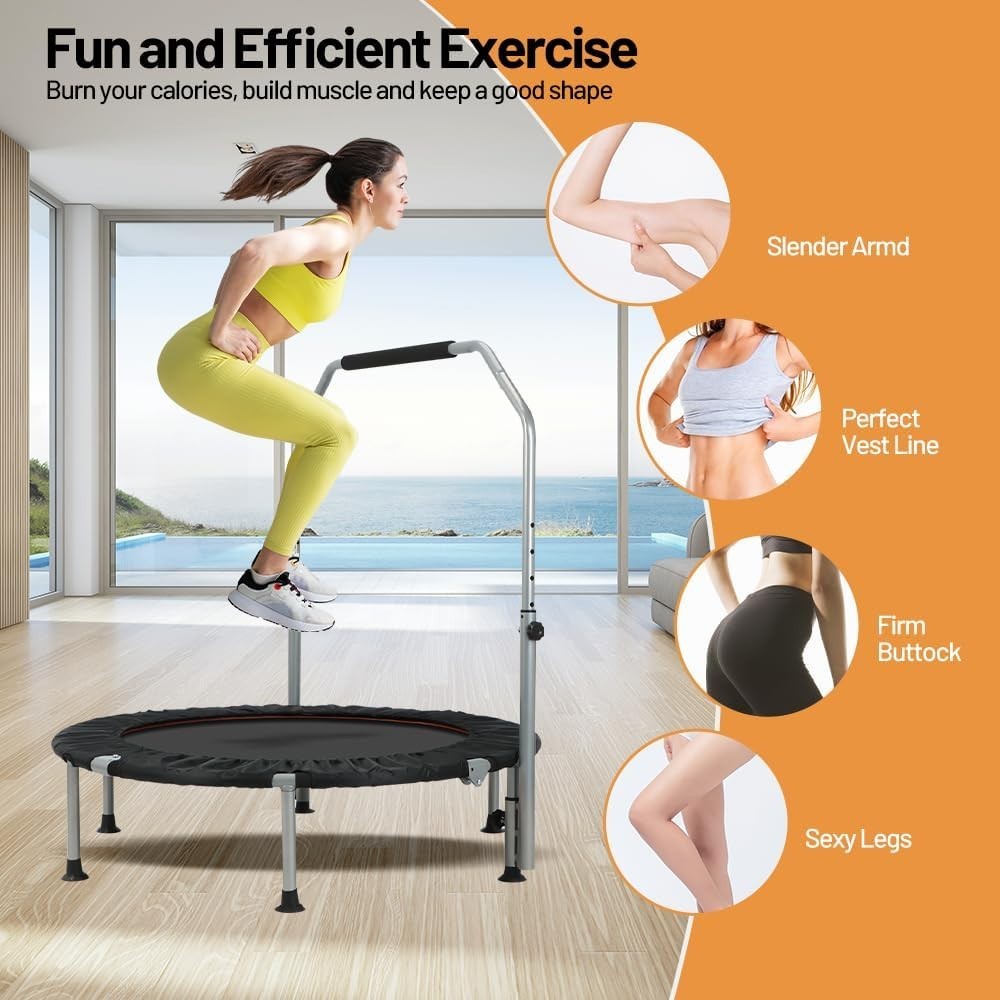 Foldable Fitness Trampoline Rebounder Adjustable Handle Quiet 150kg