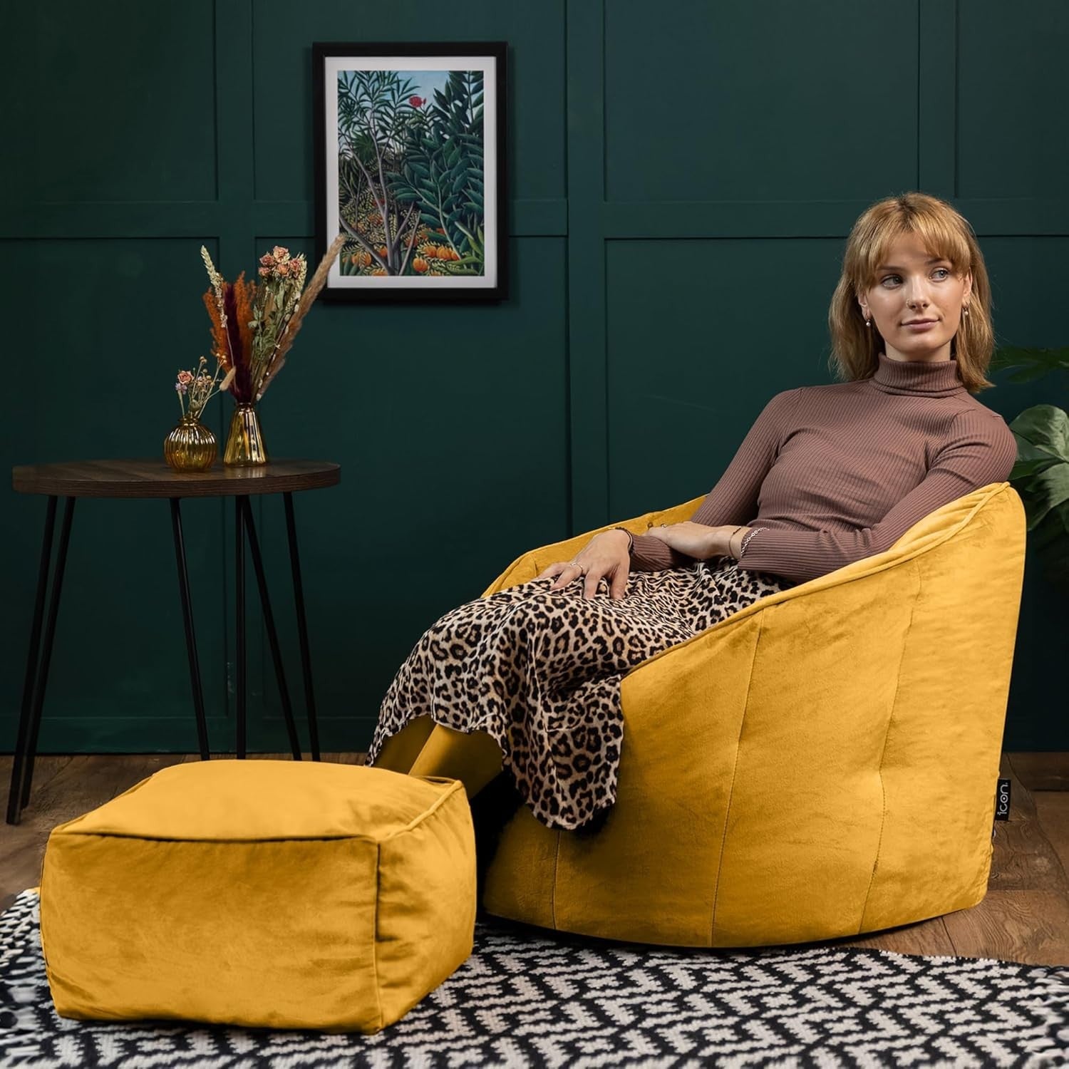 Yellow Velvet Bean Bag Chair with Footstool Adult Lounge Seat Set UK