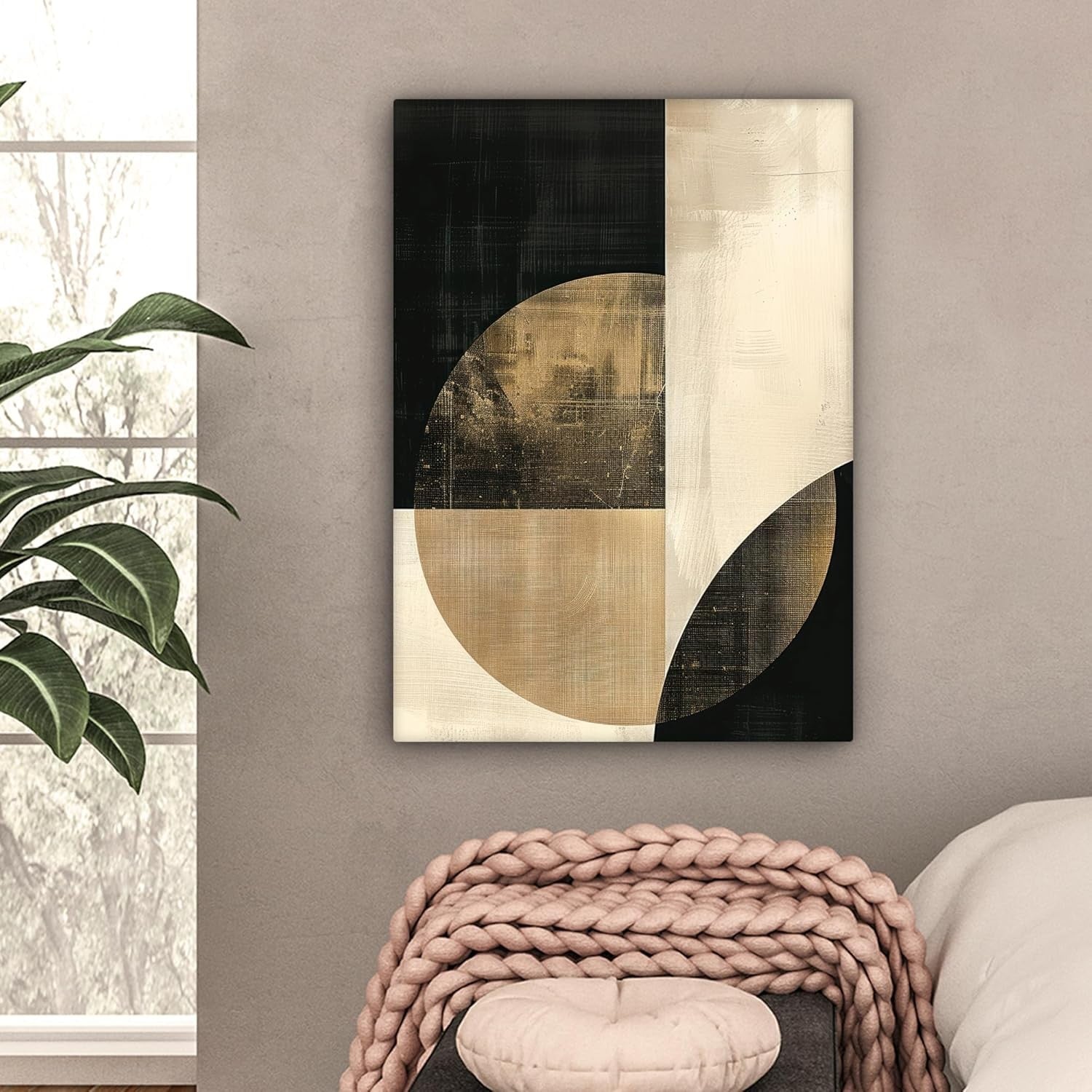 Large Framed Canvas Wall Art 50x70cm Black Gold Abstract Circles