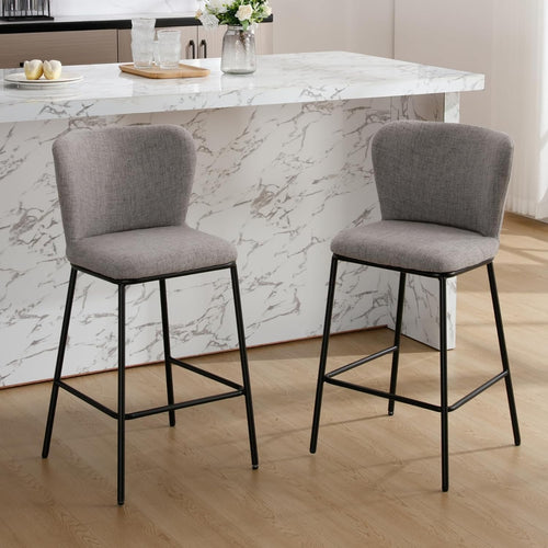 Grey Linen Bar Stool Set 2 – Upholstered High Counter Kitchen island Chairs