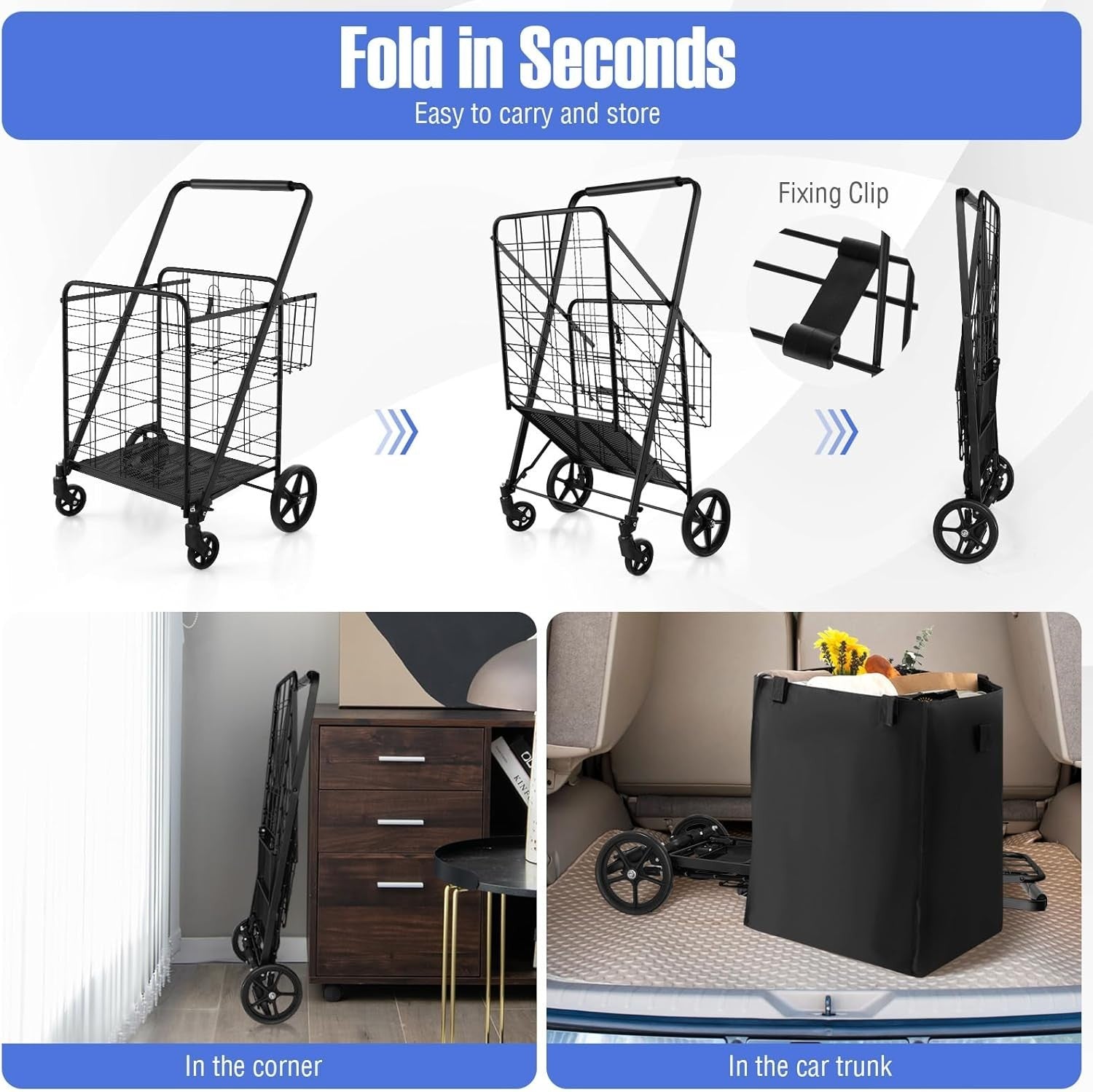 126L Foldable Shopping Trolley Cart – Heavy-Duty Metal, Waterproof, Black