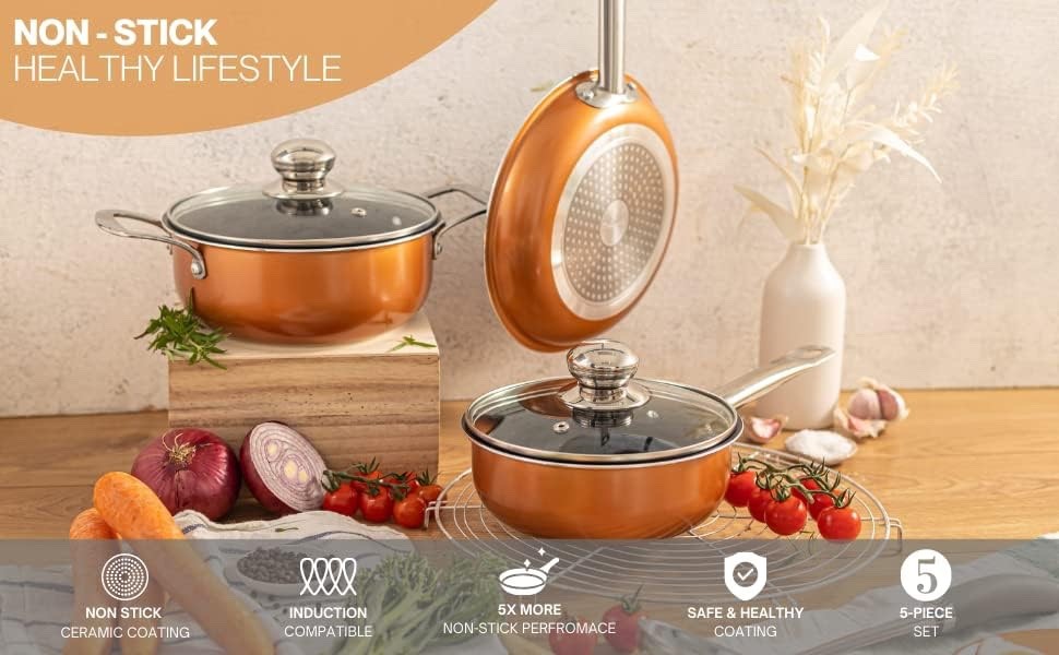 5pcs Copper Non Stick Cookware Set with Lids – Induction & Oven Safe Pots
