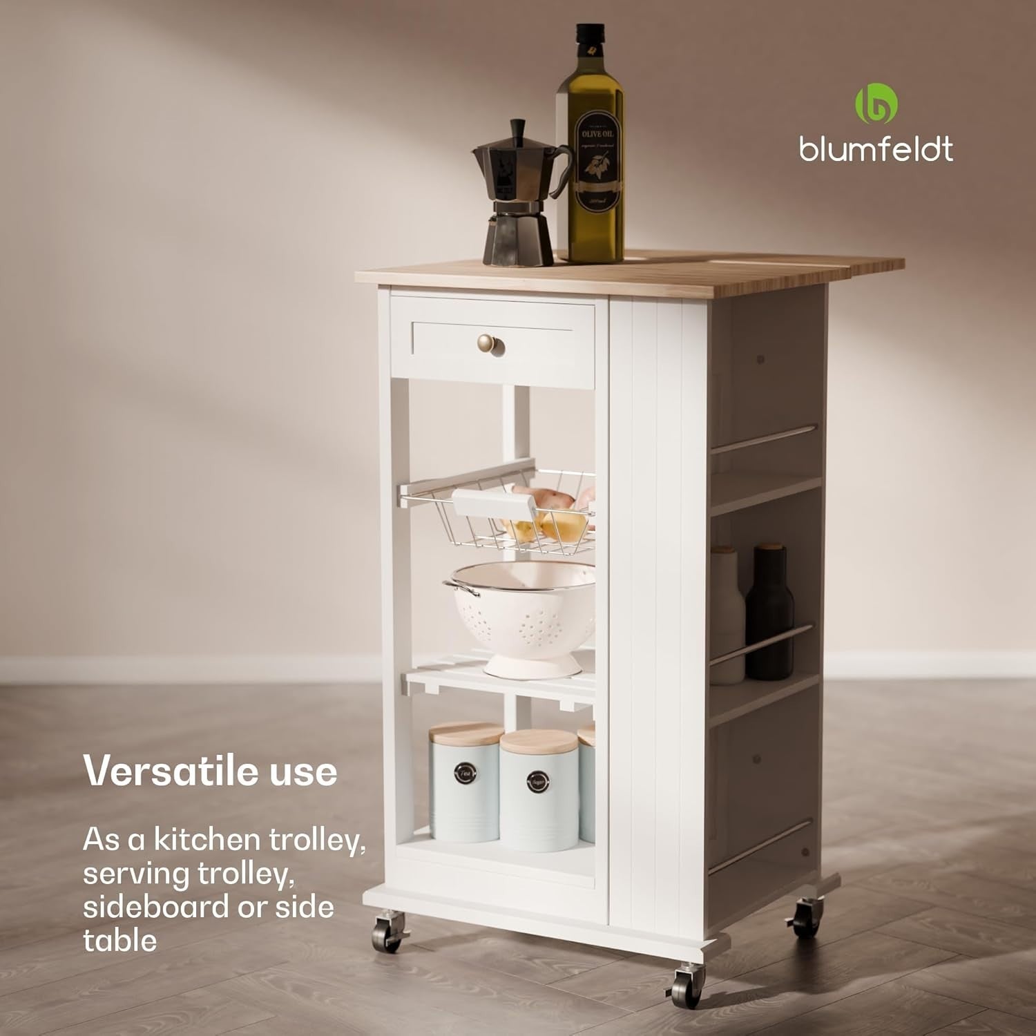 Extendable Kitchen Trolley Cart with Drawer & Wheels, Compact 50x37x86.5cm
