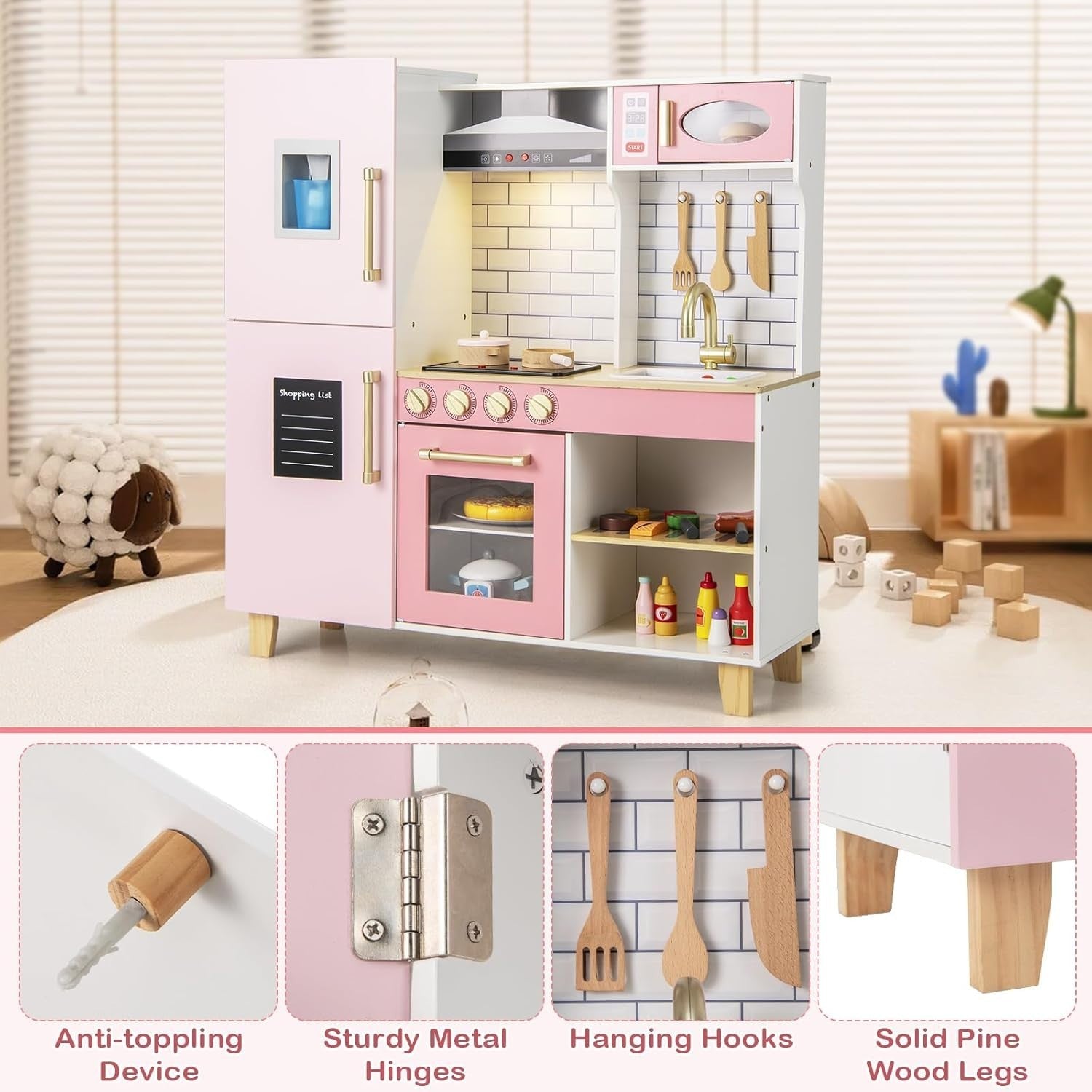 Wooden Kids Play Kitchen Pink Lights Sounds Chalkboard Toy Set