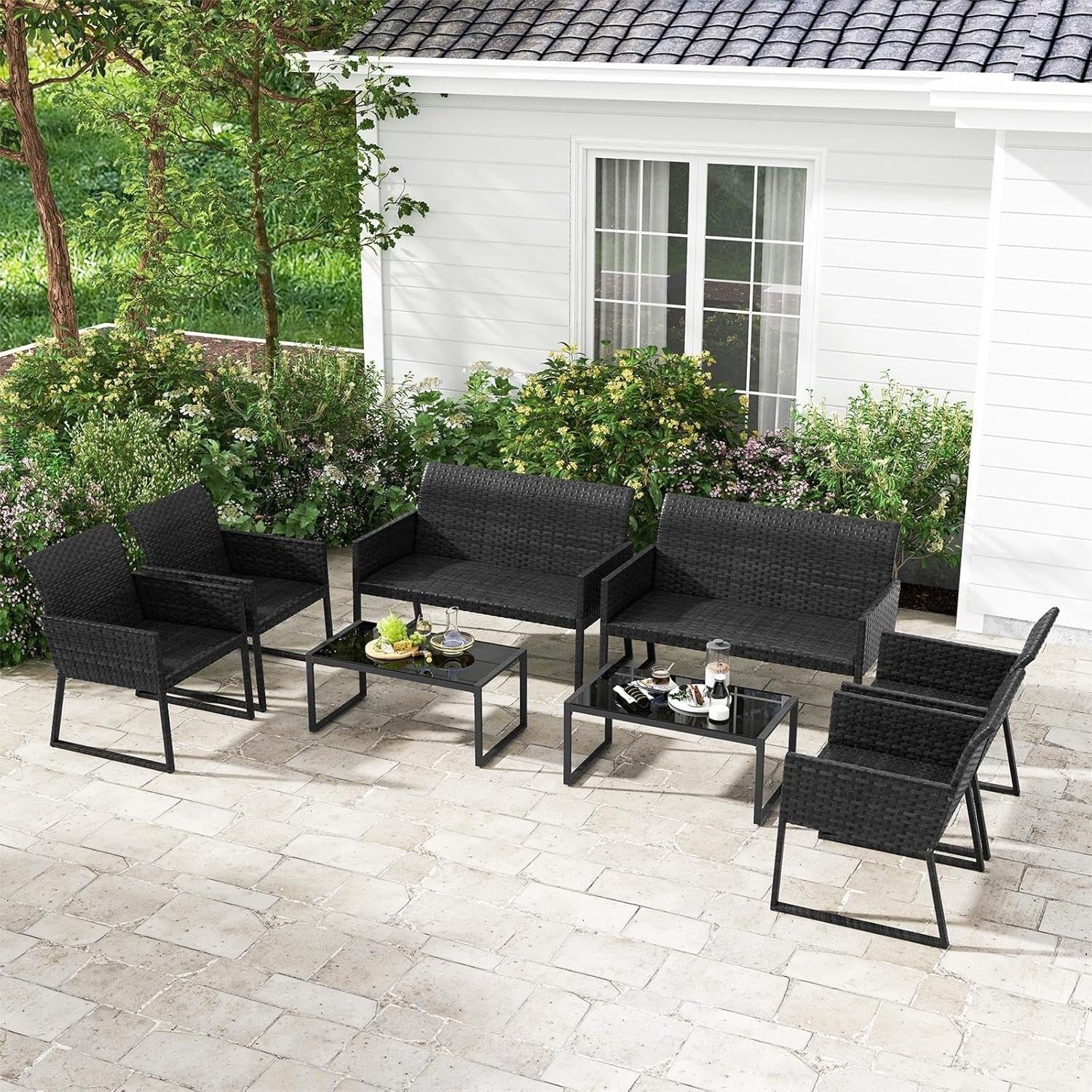 4PC Rattan Garden Sofa Set Metal Frame Patio Chairs Glass Coffee Table