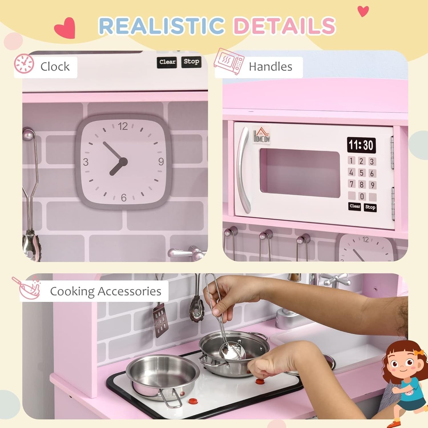 Kids Wooden Play Kitchen w/ Lights Sounds Microwave Pink Toy Set