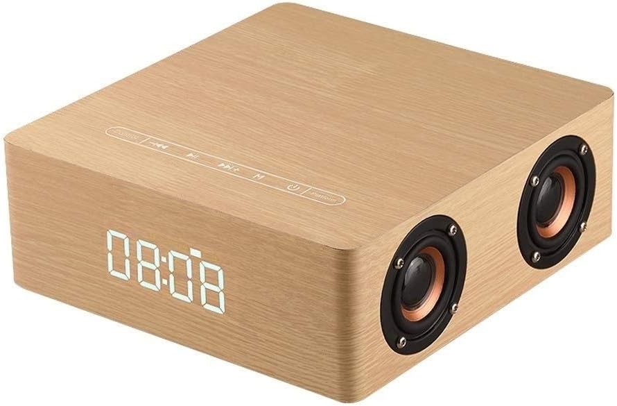 Wooden Bluetooth Alarm Clock Speaker LED Display Snooze Bedside Brown