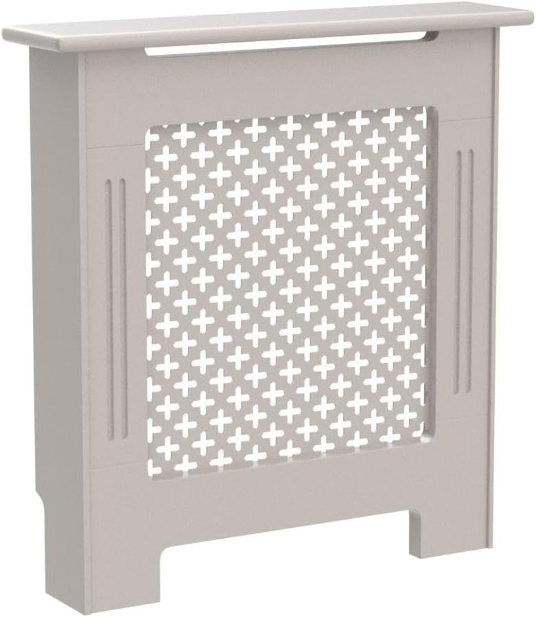 Small Olive Grey Radiator Cover 82x78x19cm Cross Pattern MDF Heating Cabinet