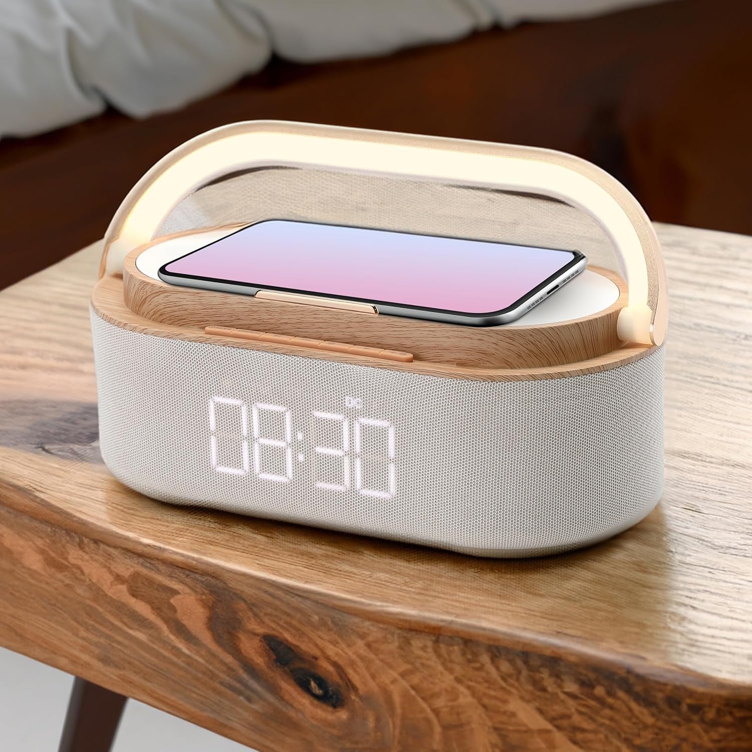 Wireless Charging Alarm Clock Bluetooth Speaker Bedside Light Up Dock