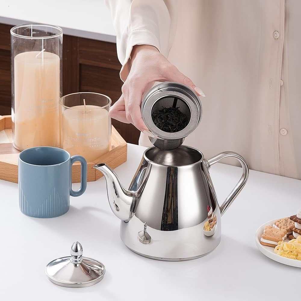 Stainless Steel Teapot 42oz 1.2L Tea Pot w Infuser Strainer Silver
