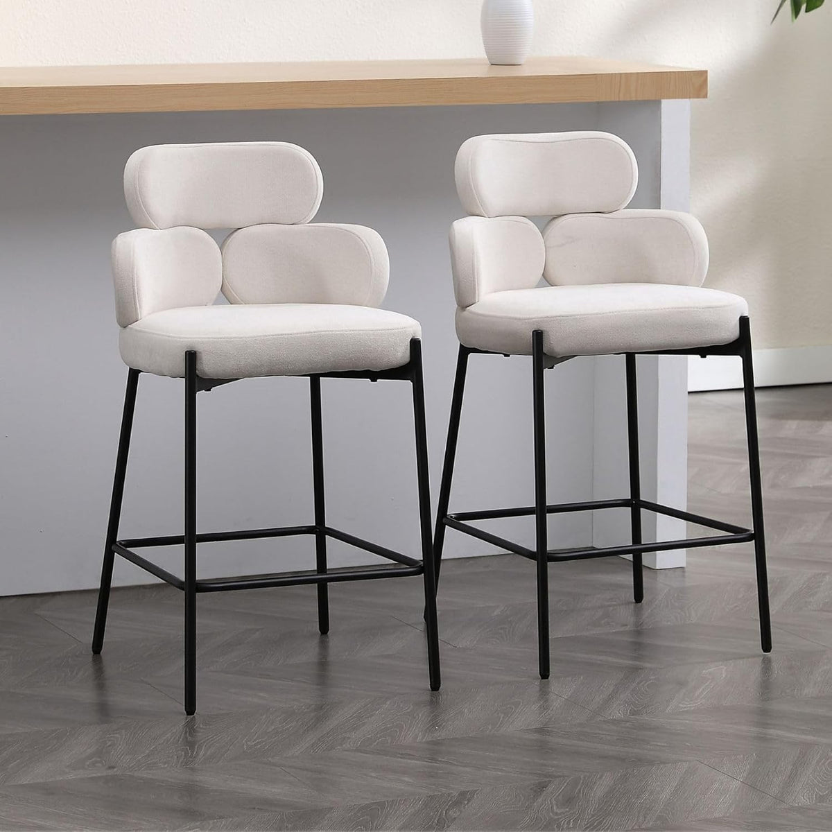 Modern Bar Stools 2pcs Beige Chenille Counter Kitchen Chairs