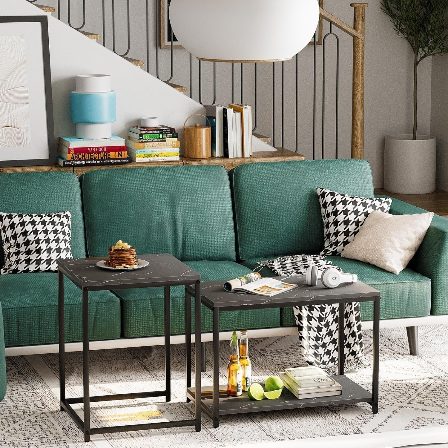 Nesting Coffee Table Set of 2 Modern Black Metal Frame Living Room Furniture