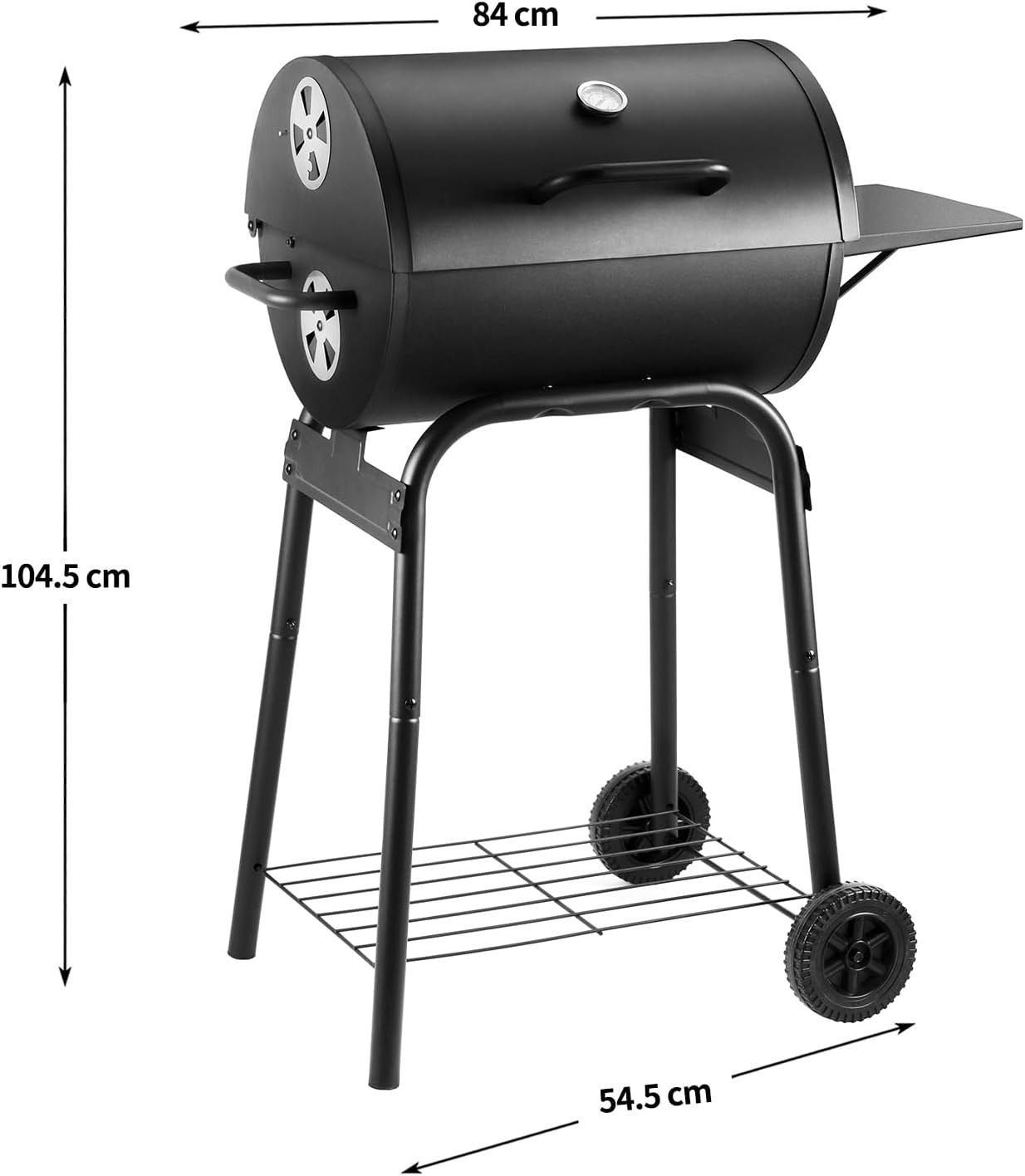 Charcoal BBQ Grill Smoker Outdoor | 2-in-1 Barrel Barbecue | Side Shelves