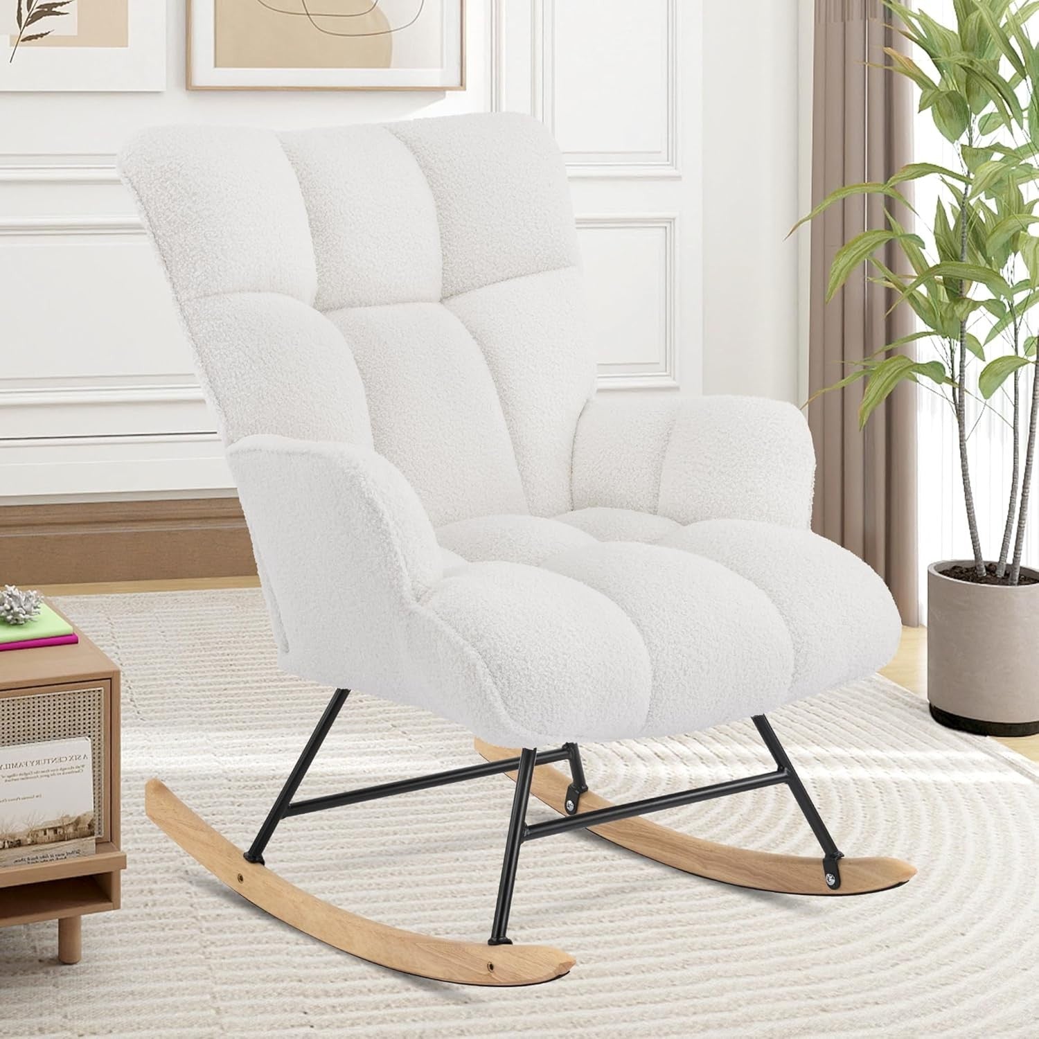 Teddy Rocking Chair for Nursery Glider Armchair Comfy Tufted Back White