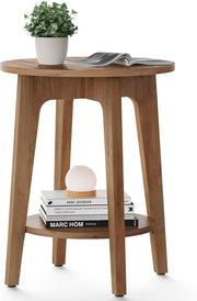 Rustic Round Side Table with Shelf, Small Bedside End Table for Living Rooms
