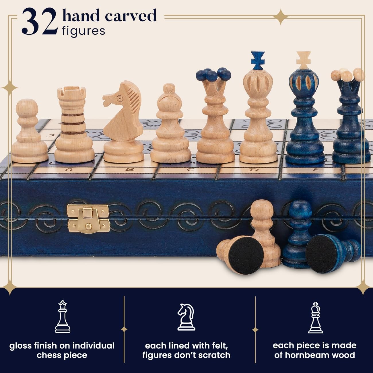 Luxury 42cm Wooden Chess Set XL | Handcrafted Blue Board & Pieces | Premium Gift