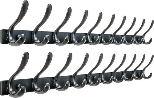 Black Wall Mounted Coat Rack 2 Pack 94cm | 10 Heavy Duty Metal Double Hooks