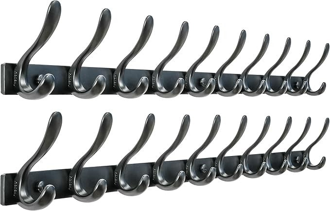 Black Wall Mounted Coat Rack 2 Pack 94cm | 10 Heavy Duty Metal Double Hooks