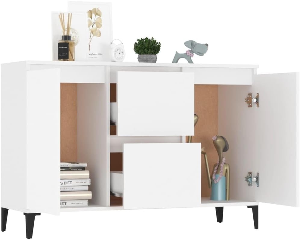 White Industrial Sideboard Cabinet 2 Doors 2 Drawers Storage Hallway Office