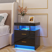 Modern Black LED Bedside Table with Wireless Charging | 2 Drawer Nightstand