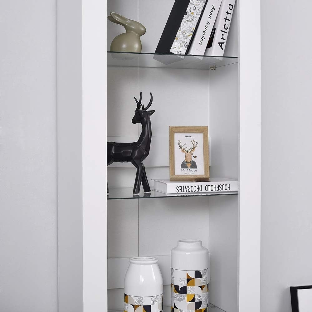 Tall Display Cabinet RGB Glass Shelves White Unit 165cm Cupboard Storage