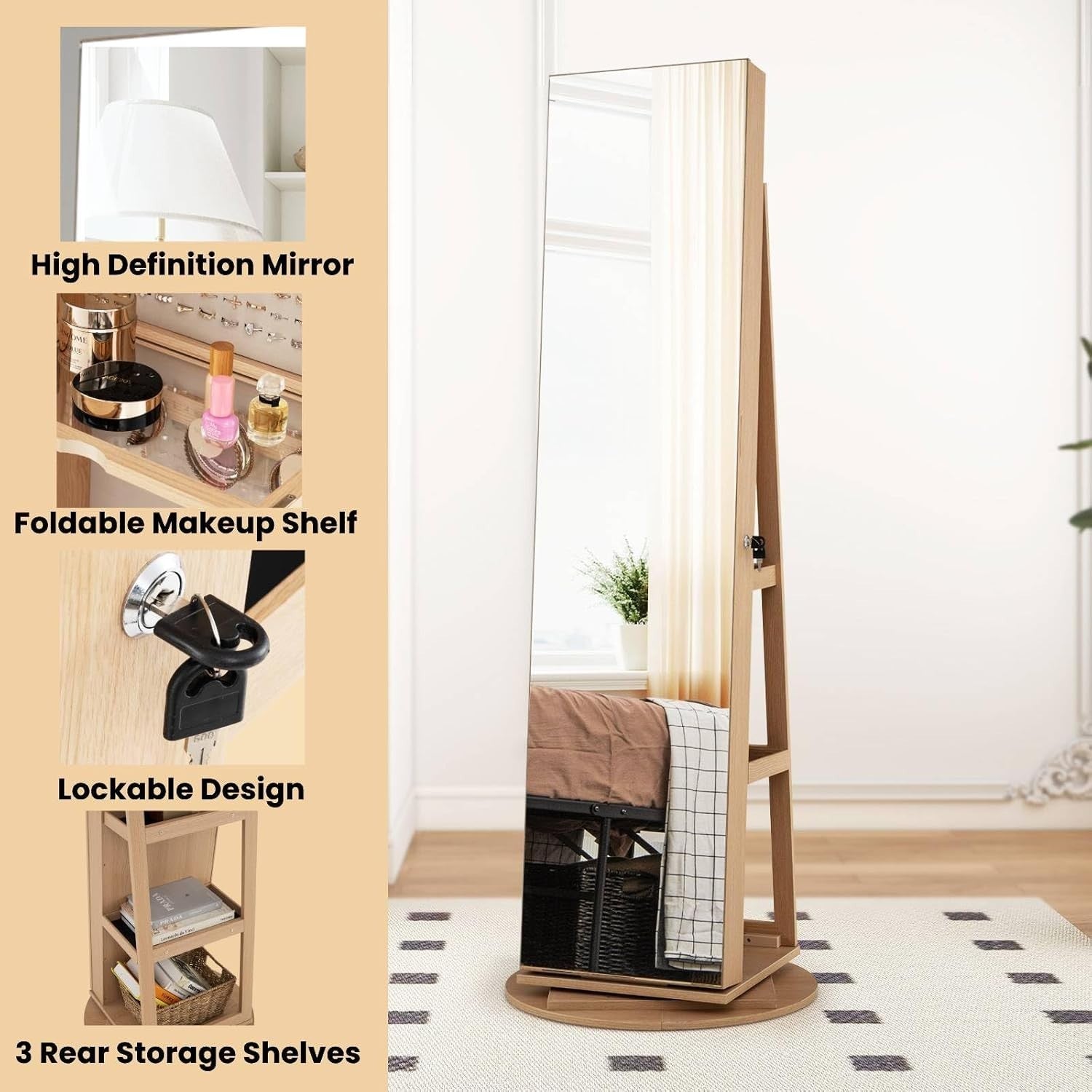 Natural 360° Swivel LED Jewelry Cabinet Mirror Lockable 3-Color Storage