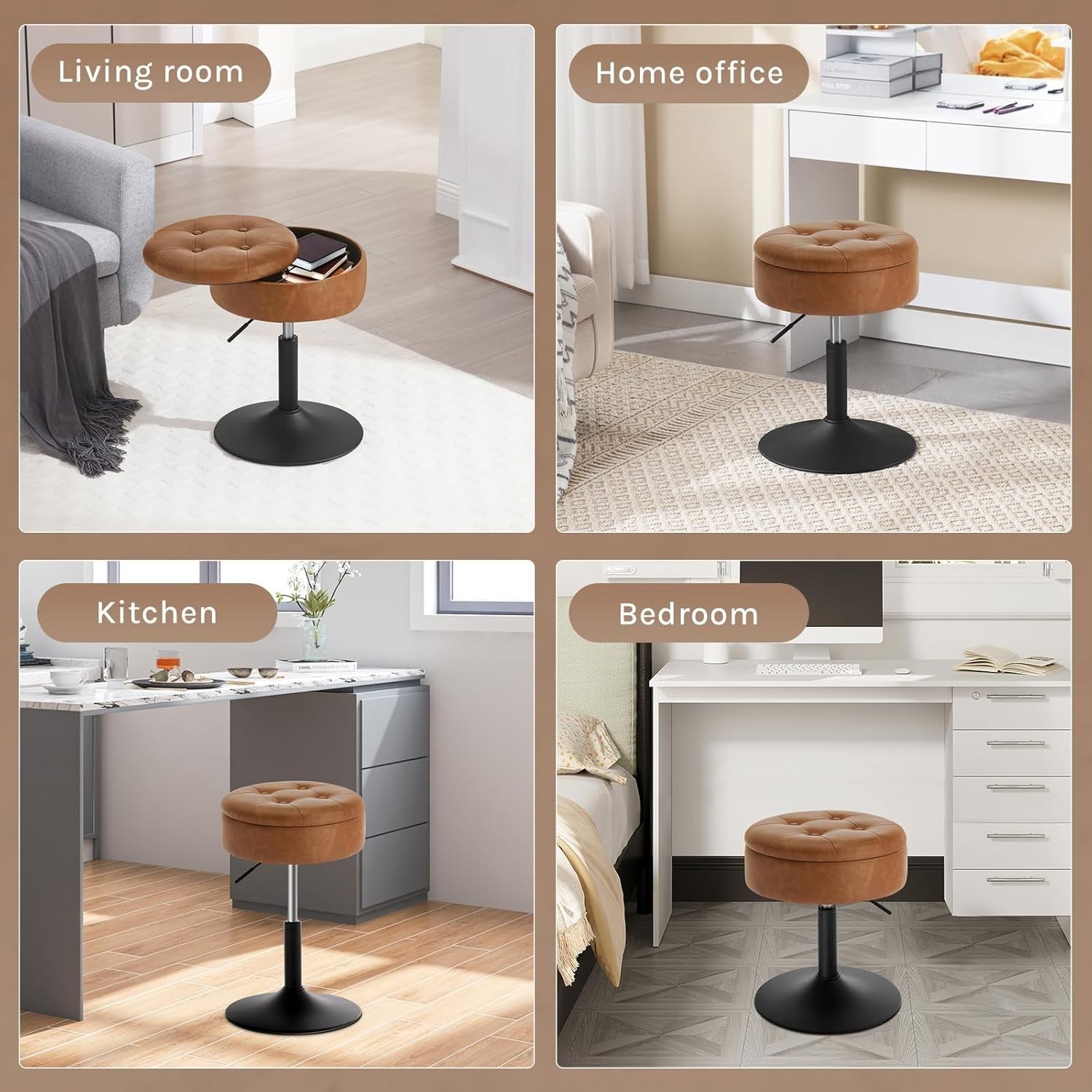 Brown Swivel Vanity Stool with Storage Vintage Faux Leather Adjustable Seat