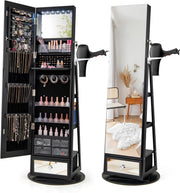 Black 360° Swivel LED Jewelry Cabinet Mirror Lockable Storage with Shelves