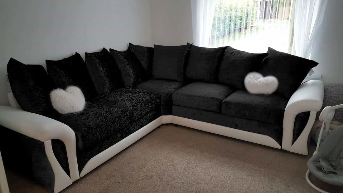 Crushed Velvet 2C2 Corner Sofa Black 5 Seater with Curved Arms & Cushions