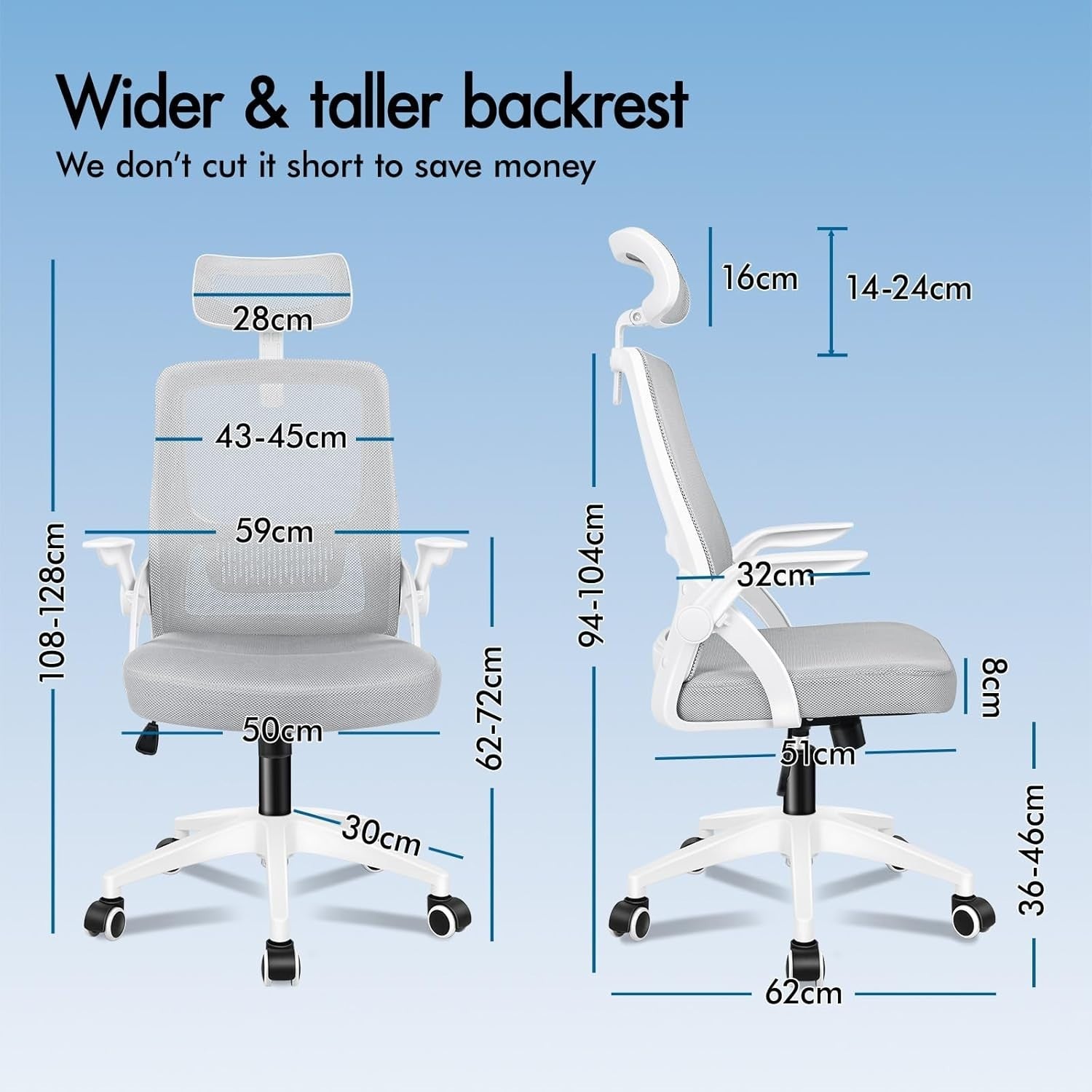 Ergonomic Mesh Office Chair, High Back Desk Chair, Flip Arm, Headrest, 180KG Max