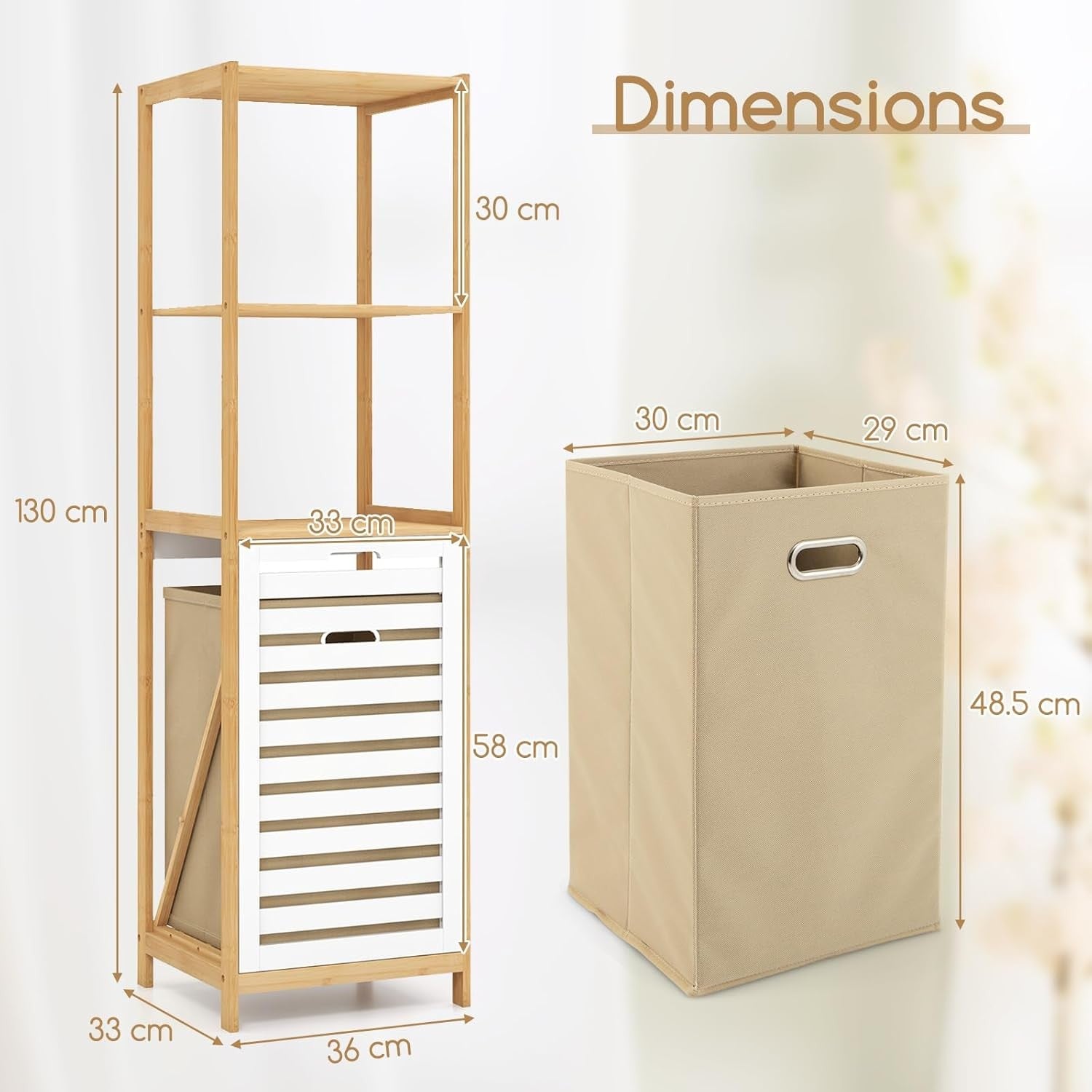 Bamboo Laundry Hamper with Shelves | Tilt-Out Basket & Removable Liner 130cm