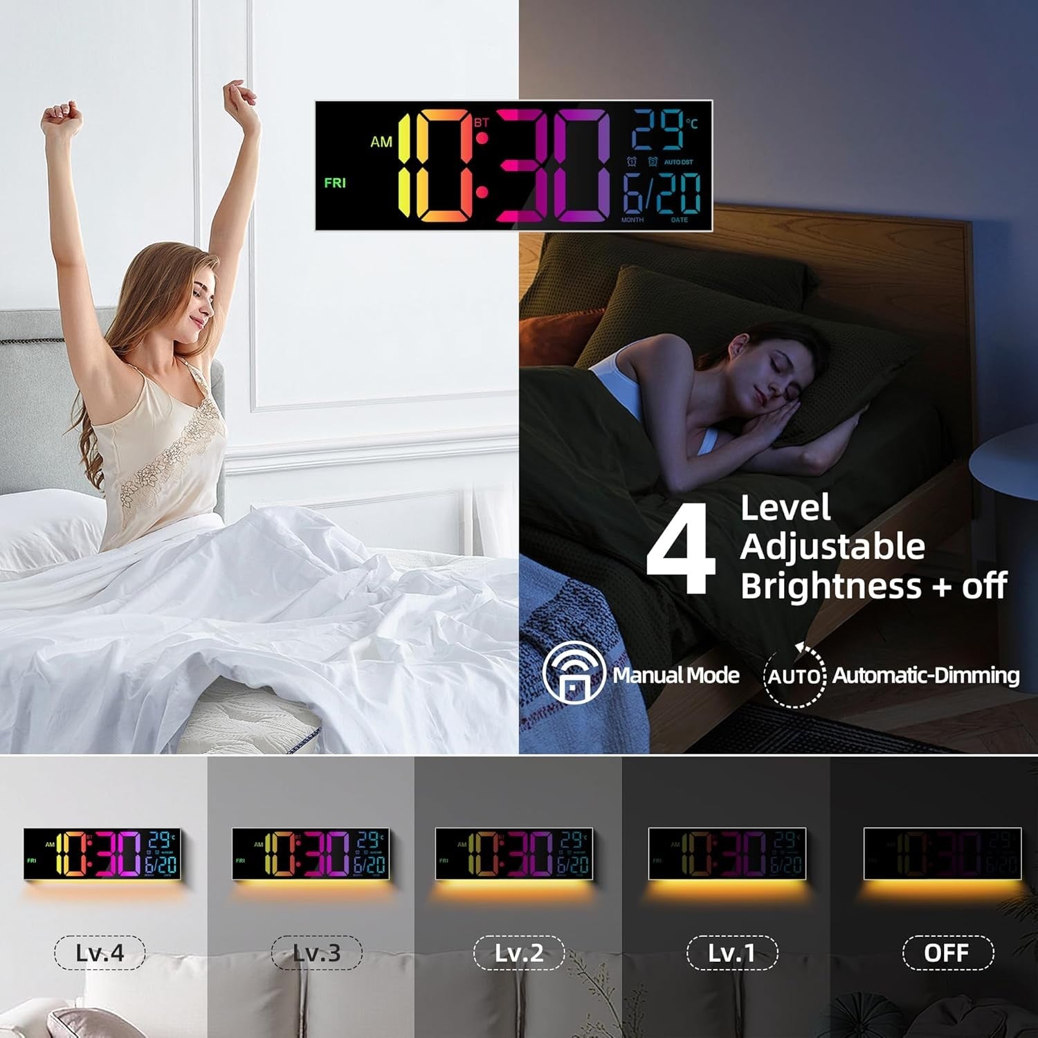 Large 16" Digital Wall Clock RGB LED Display Temp Date Alarm Remote Sync