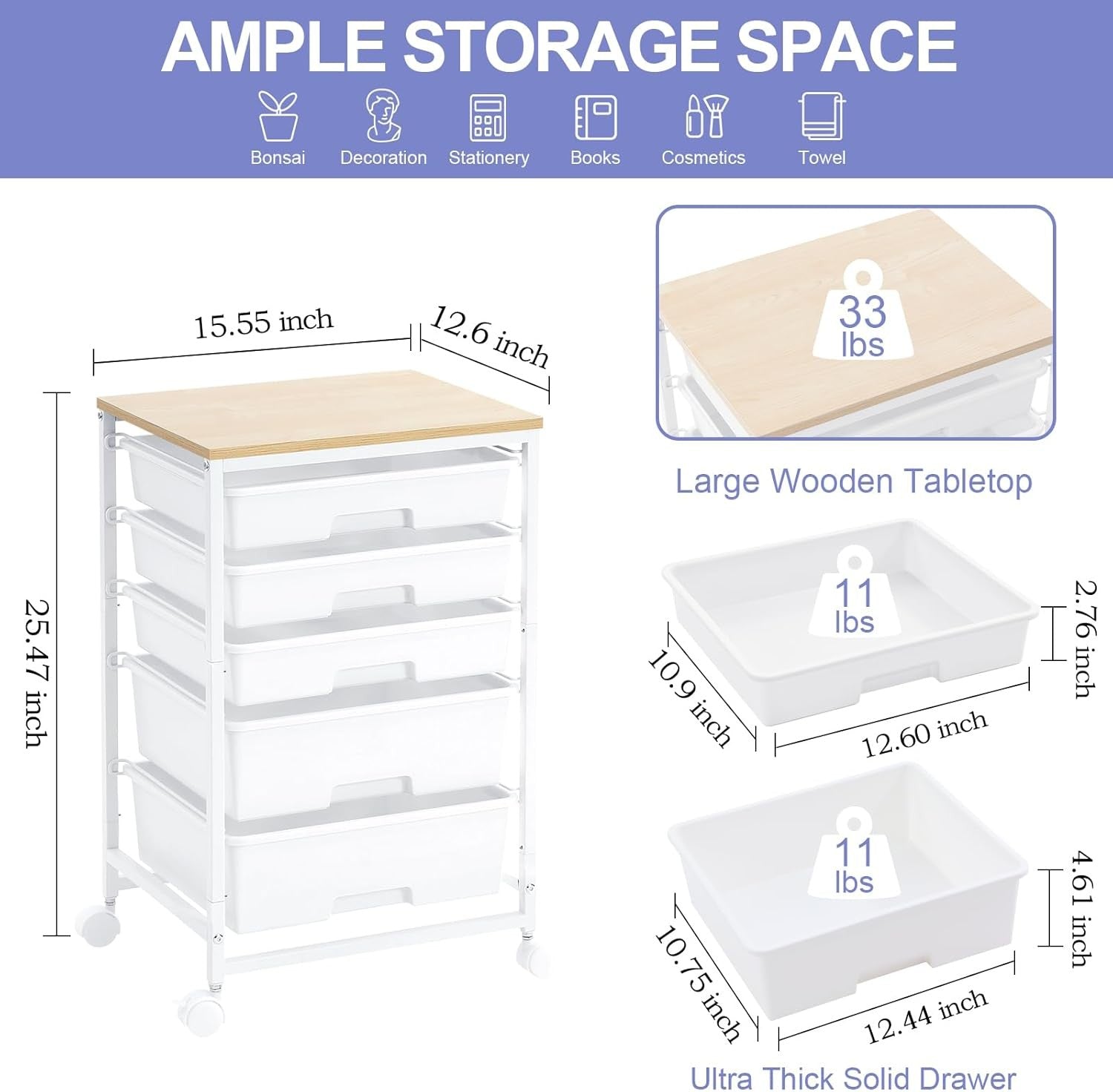5 Drawer Rolling Storage Trolley Cart with Wheels Utility Organizer White