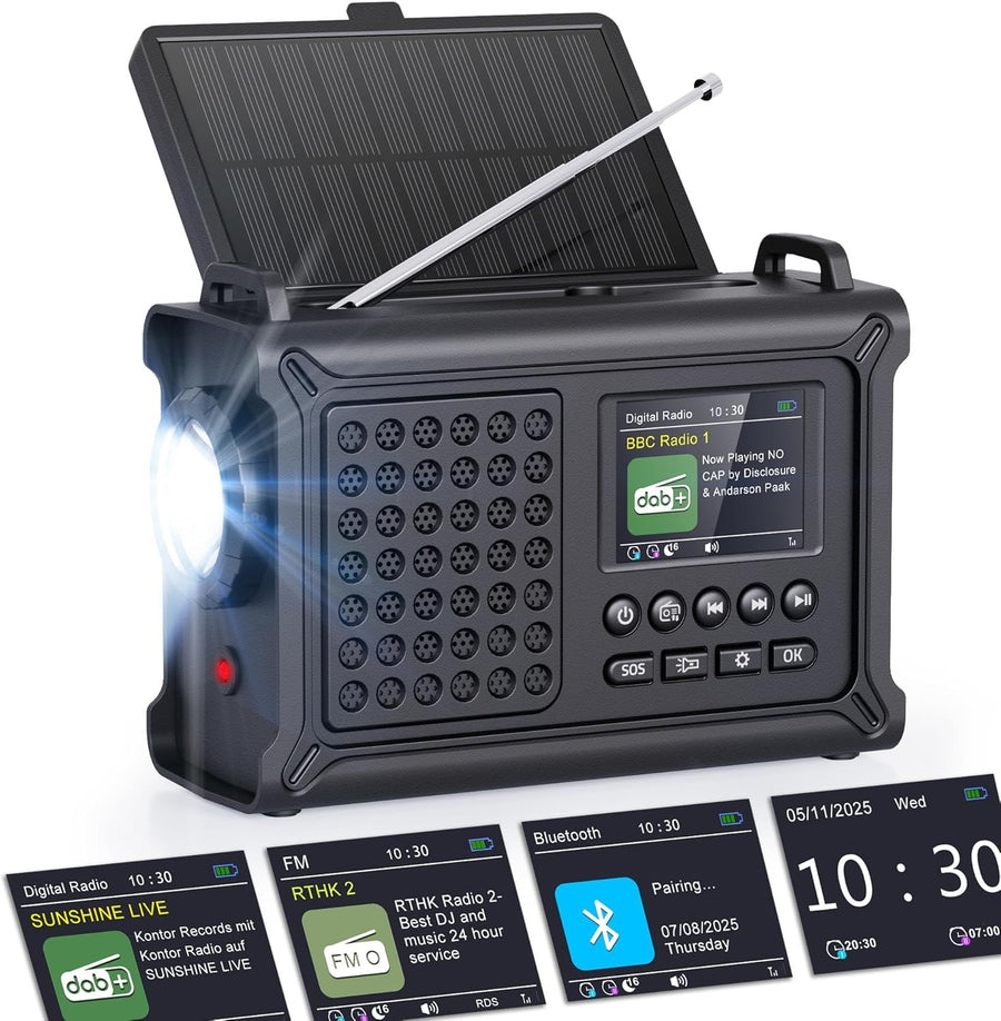 Emergency Wind-Up Solar DAB+/FM Radio with Bluetooth, Torch & 12000mAh
