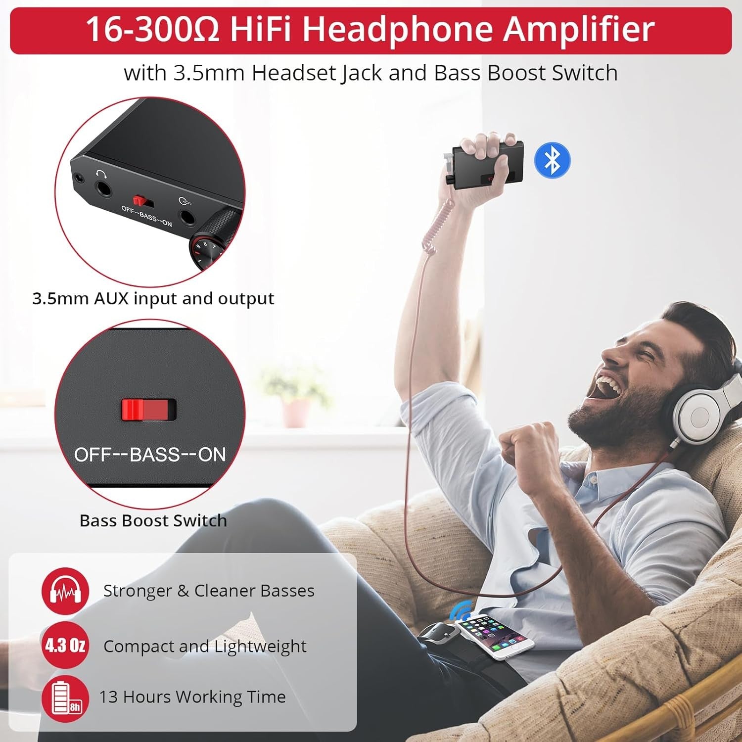 Portable Headphone Amplifier Bluetooth 5.1 Bass Boost 16-300Ω