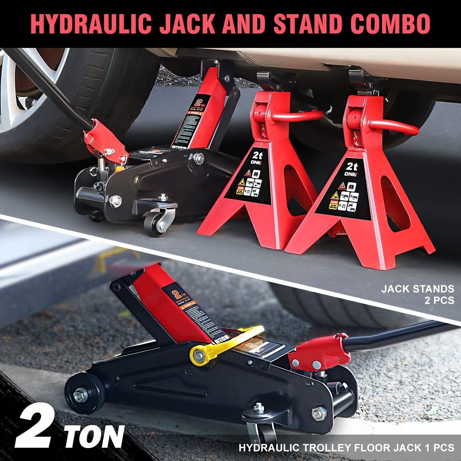 2 Ton Low Profile Trolley Jack 5.1–13" + Pair of Ratchet Axle Stands Set Red
