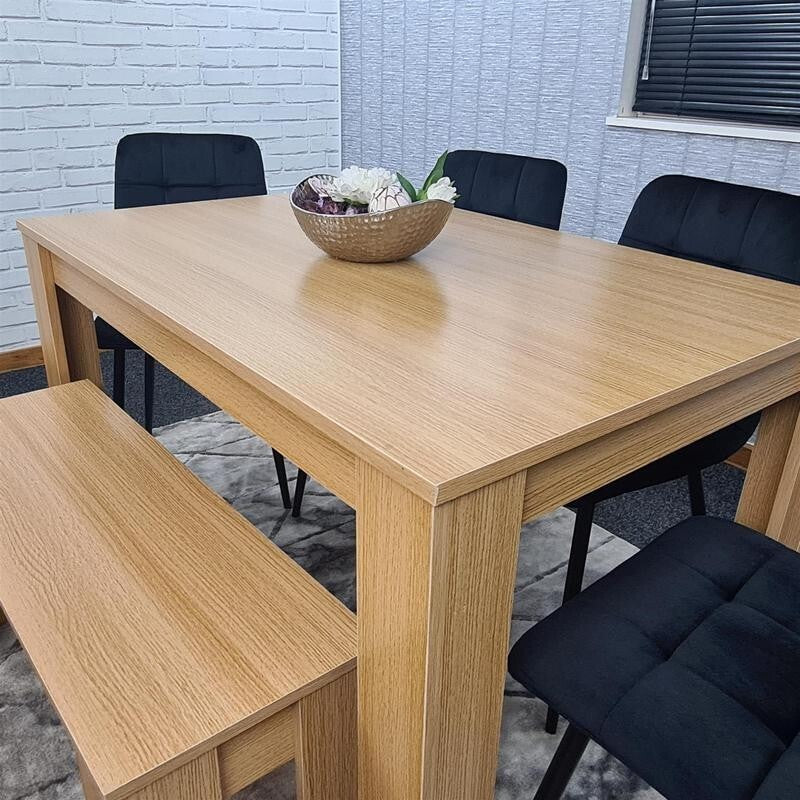6 Seater Oak Dining Table Set with 4 Black Chairs & Wooden Bench Modern