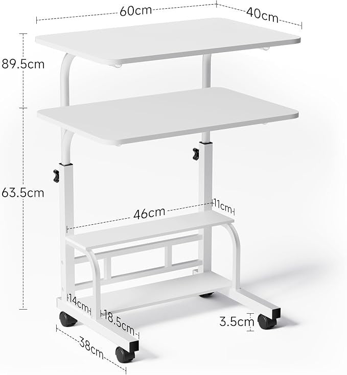Mobile Laptop Desk on Wheels Height Adjustable Storage Shelves 60x40cm White