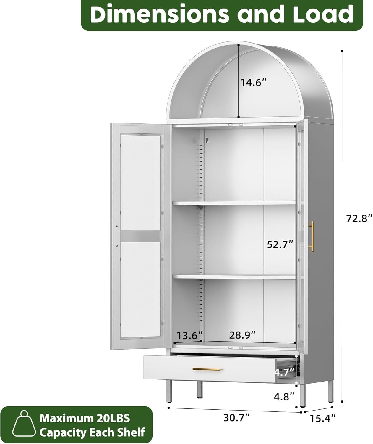 185cm Metal Arched Storage Cabinet White | Glass Doors & Drawer