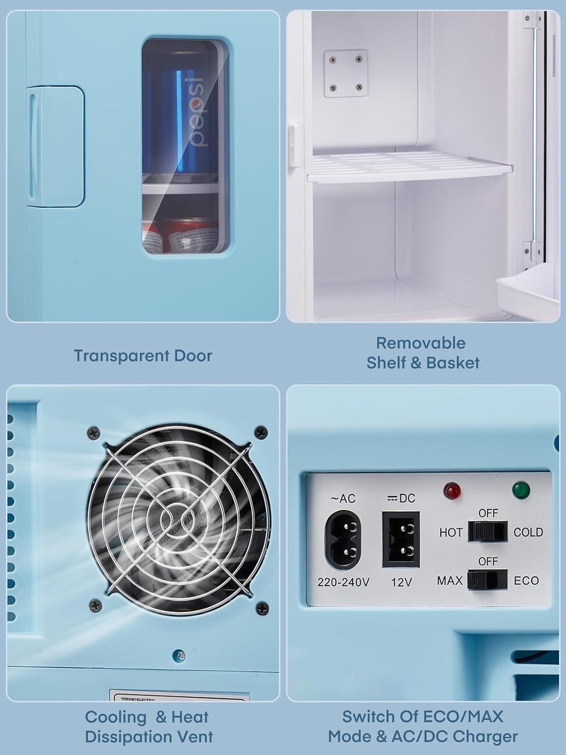 15L Mini Fridge Portable Cooler & Warmer Blue 12V/240V Compact
