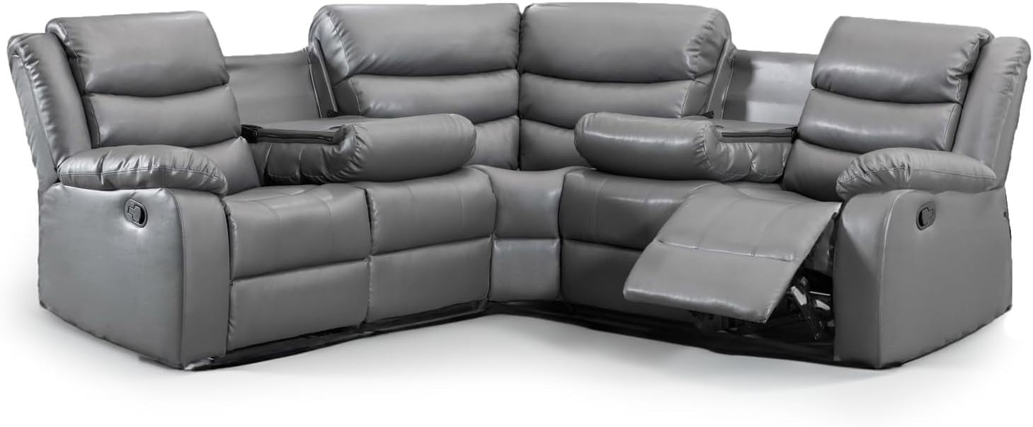 Grey Leather Recliner Corner Sofa 5 Seater L Shape Manual + Drinks Trays