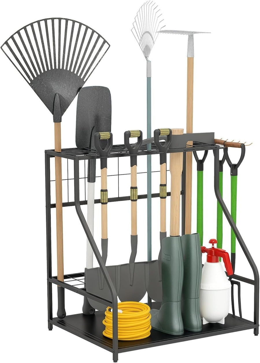 3-Tier Garden Tool Rack 11 Hooks Corner Shed Organizer Black Metal